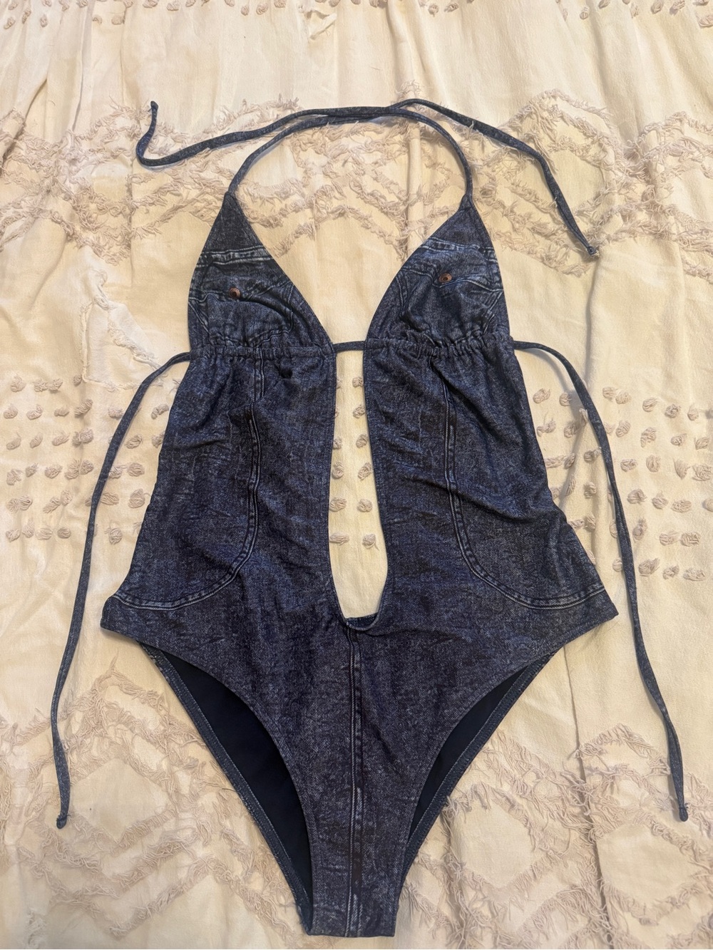 Guess Brand Faux Denim Deep V Cheeky Cut Monokini